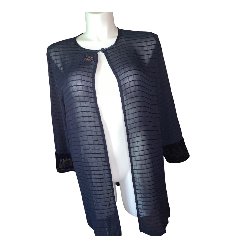 KD Spring Navy Sheer Kimono Jacket L Open Front Asian Print Lightweight